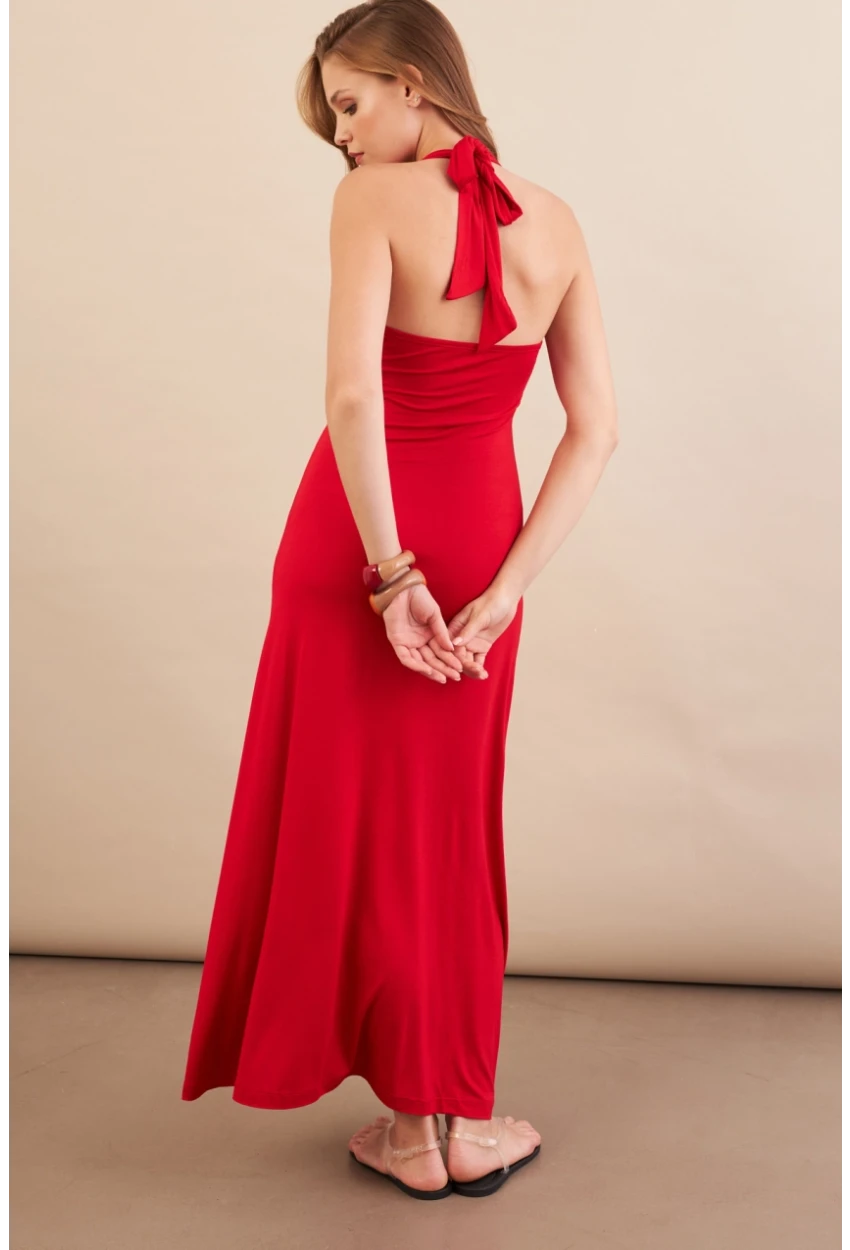 Kadın Kırmızı Boyun Bağlamalı Halter Midaxi Elbise EY3113