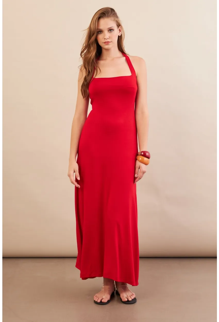Kadın Kırmızı Boyun Bağlamalı Halter Midaxi Elbise EY3113