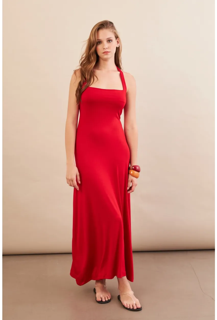 Kadın Kırmızı Boyun Bağlamalı Halter Midaxi Elbise EY3113