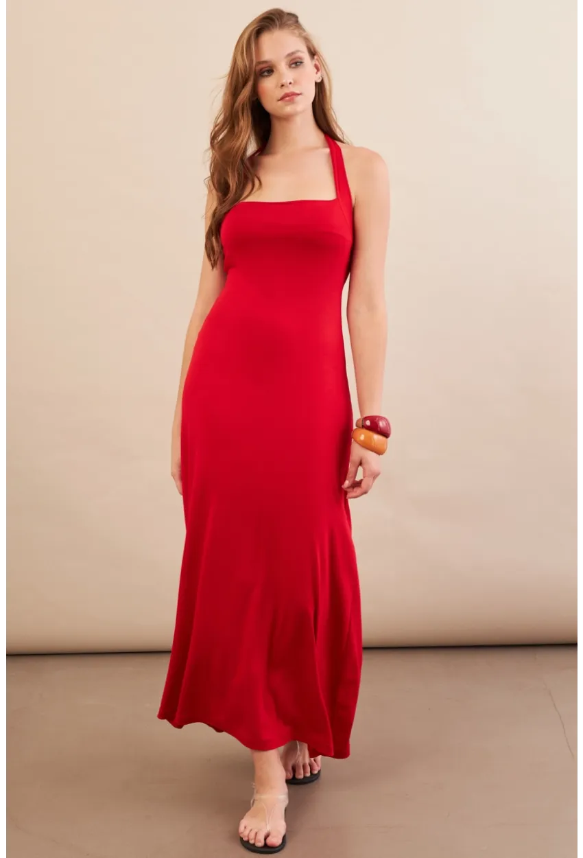 Kadın Kırmızı Boyun Bağlamalı Halter Midaxi Elbise EY3113