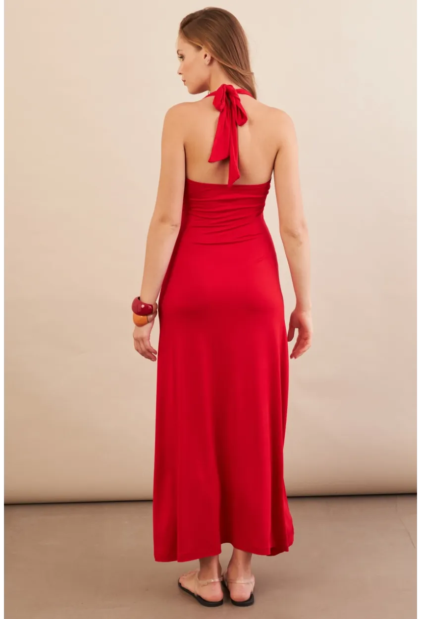 Kadın Kırmızı Boyun Bağlamalı Halter Midaxi Elbise EY3113