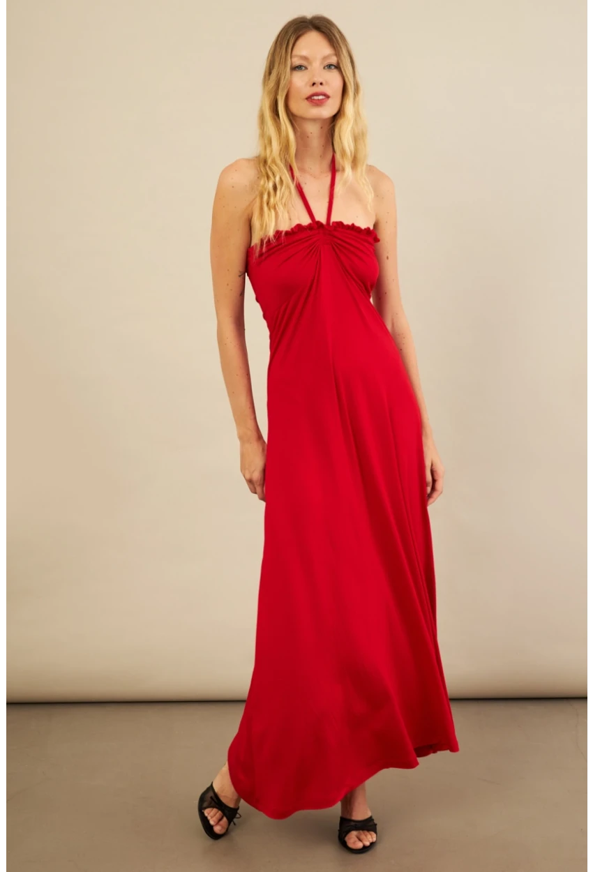 Kadın Kırmızı Boyun Bağlamalı Straplez Elbise EY3121