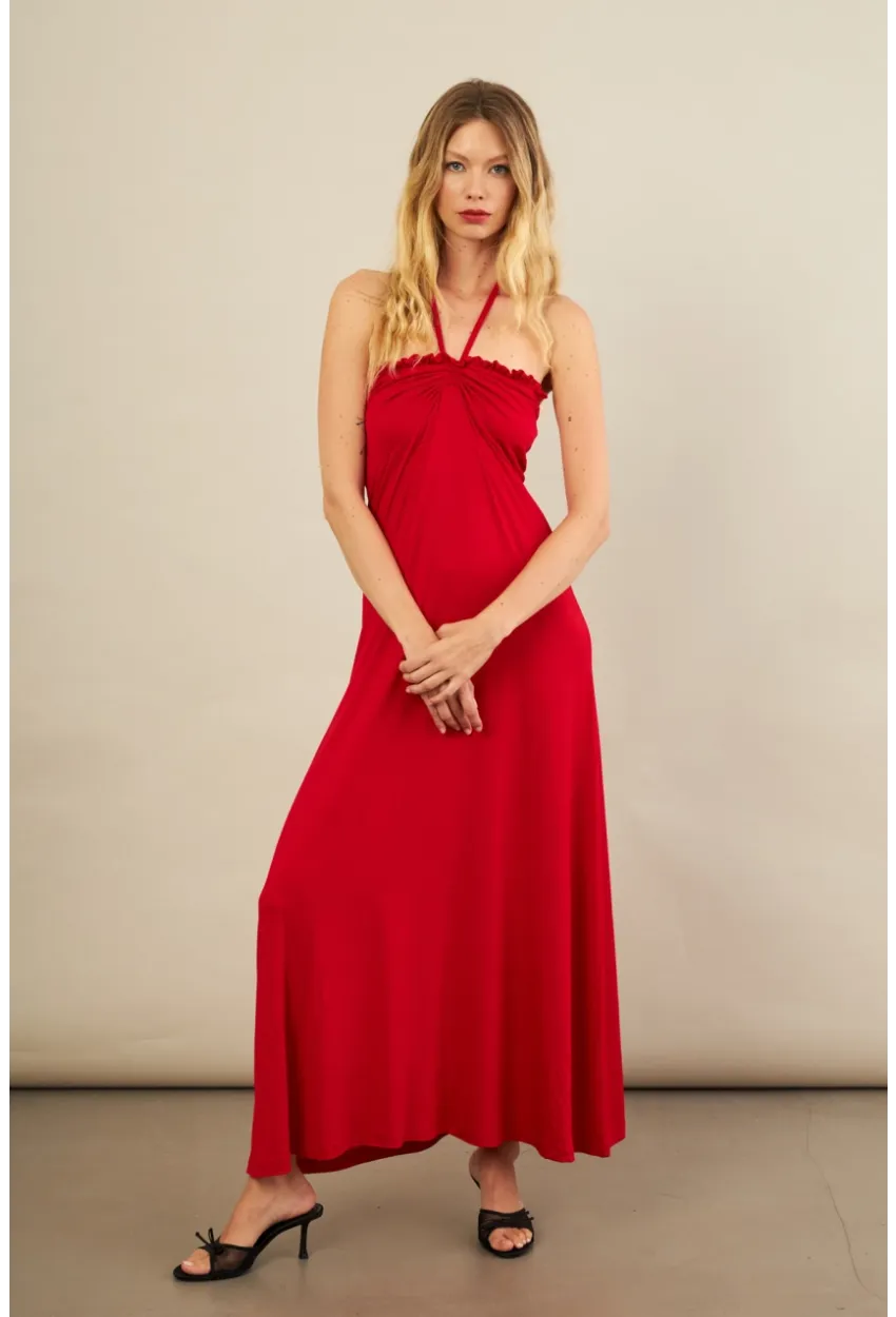 Kadın Kırmızı Boyun Bağlamalı Straplez Elbise EY3121
