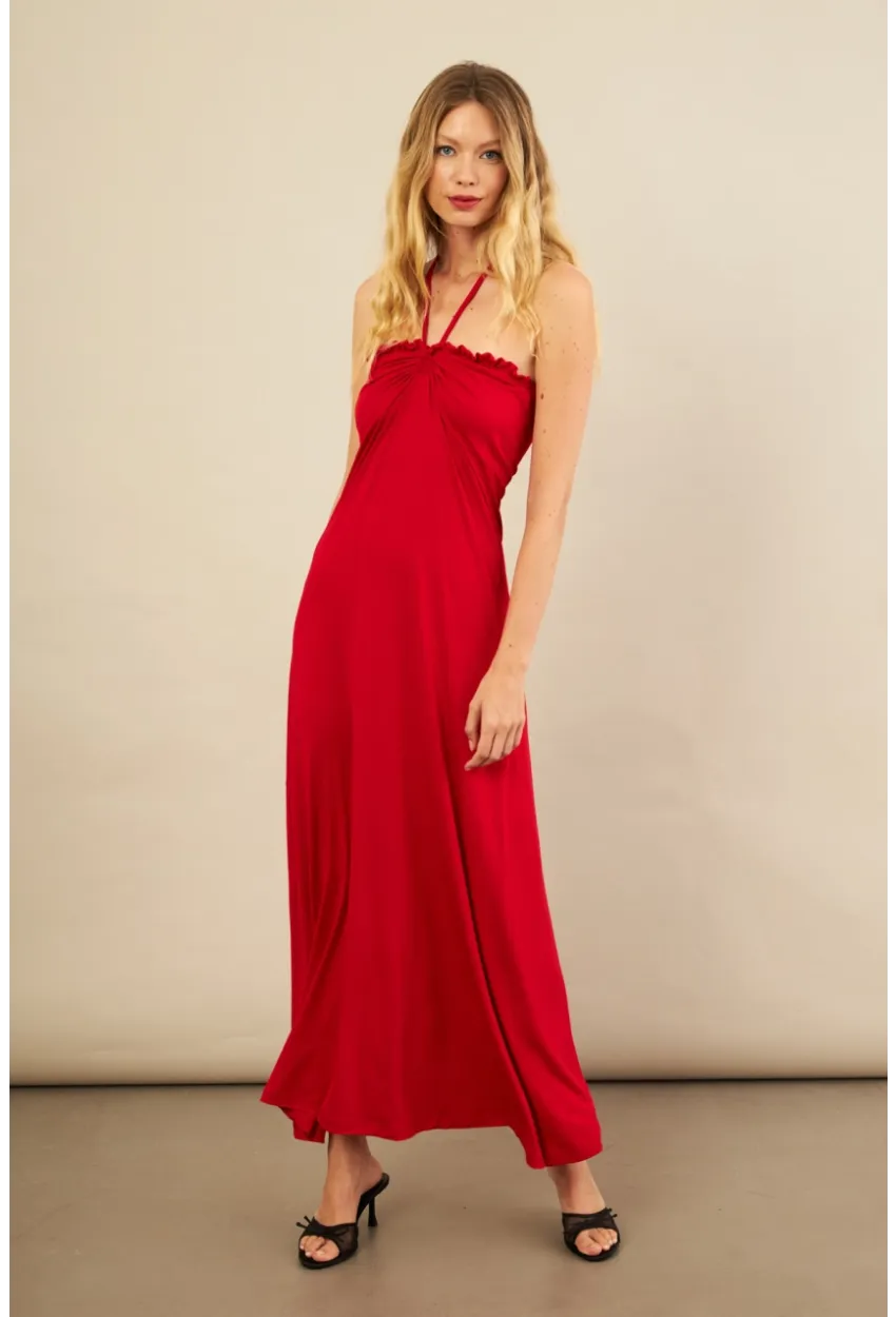 Kadın Kırmızı Boyun Bağlamalı Straplez Elbise EY3121