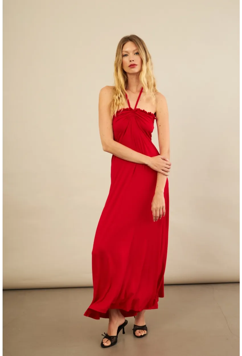 Kadın Kırmızı Boyun Bağlamalı Straplez Elbise EY3121