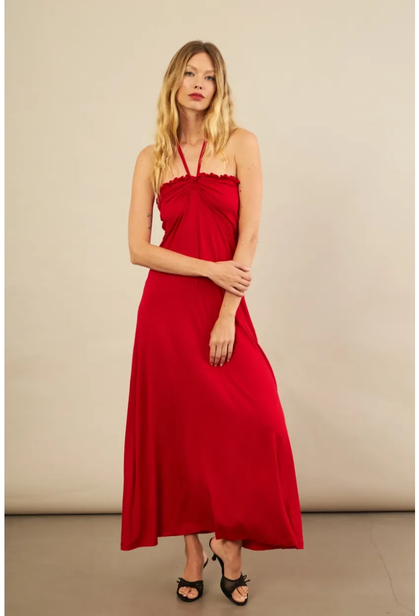 Kadın Kırmızı Boyun Bağlamalı Straplez Elbise EY3121