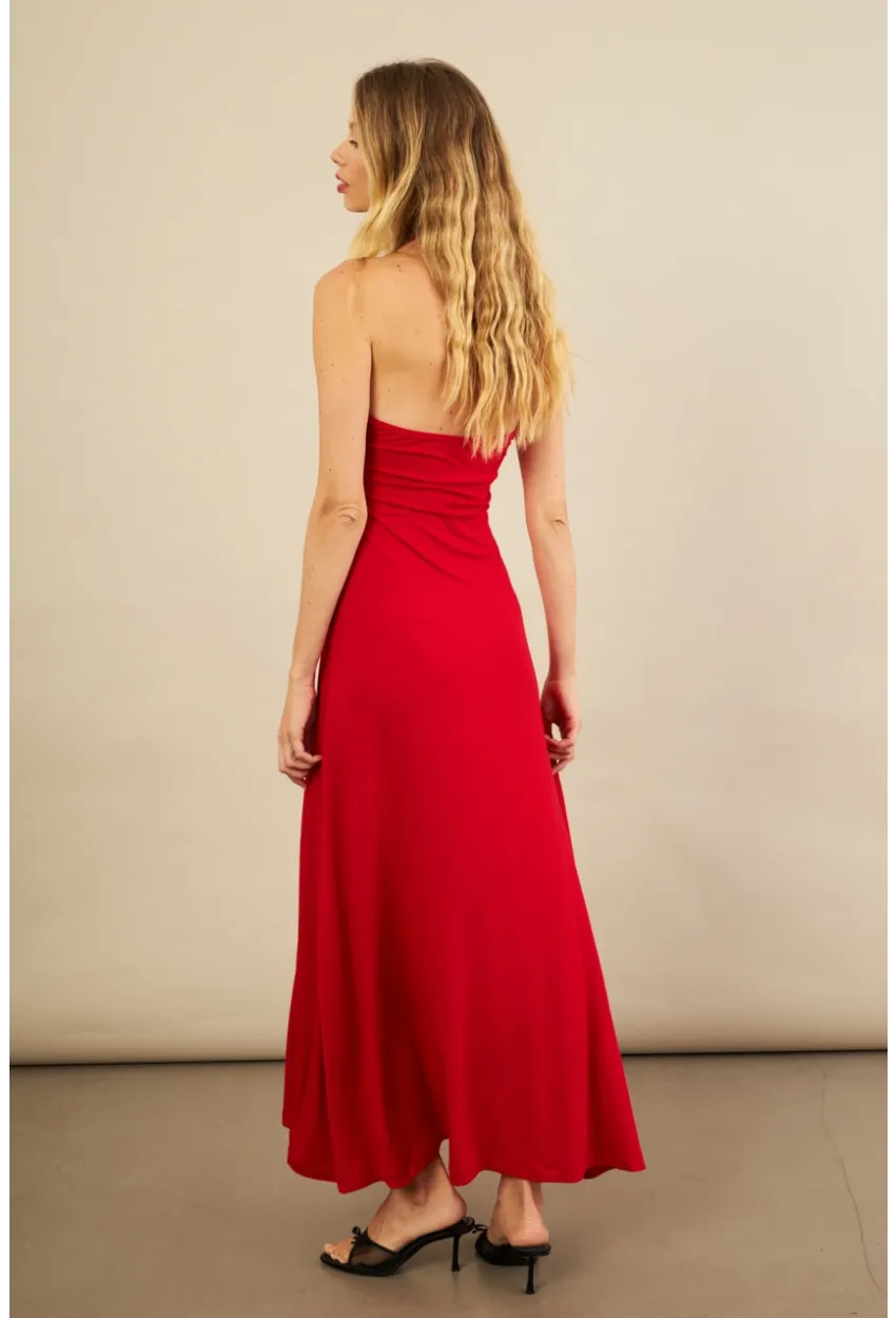 Kadın Kırmızı Boyun Bağlamalı Straplez Elbise EY3121
