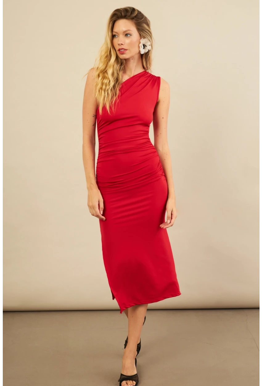 Kadın Kırmızı Büzgülü Tek Omuz Midi Elbise YEL221676