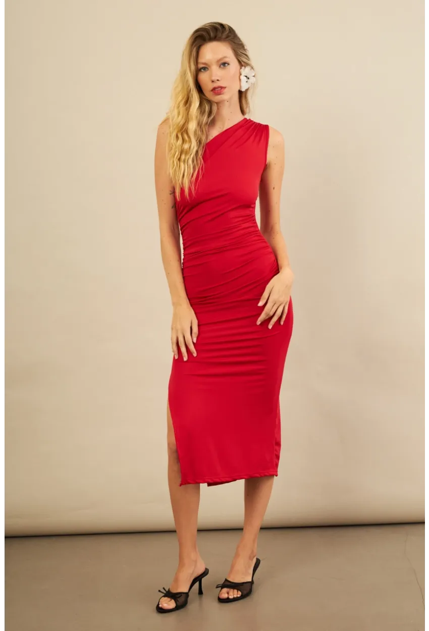 Kadın Kırmızı Büzgülü Tek Omuz Midi Elbise YEL221676