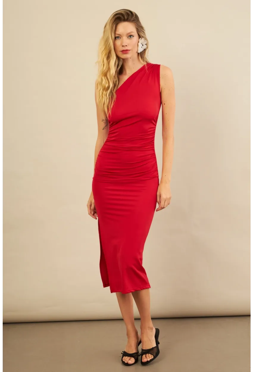Kadın Kırmızı Büzgülü Tek Omuz Midi Elbise YEL221676