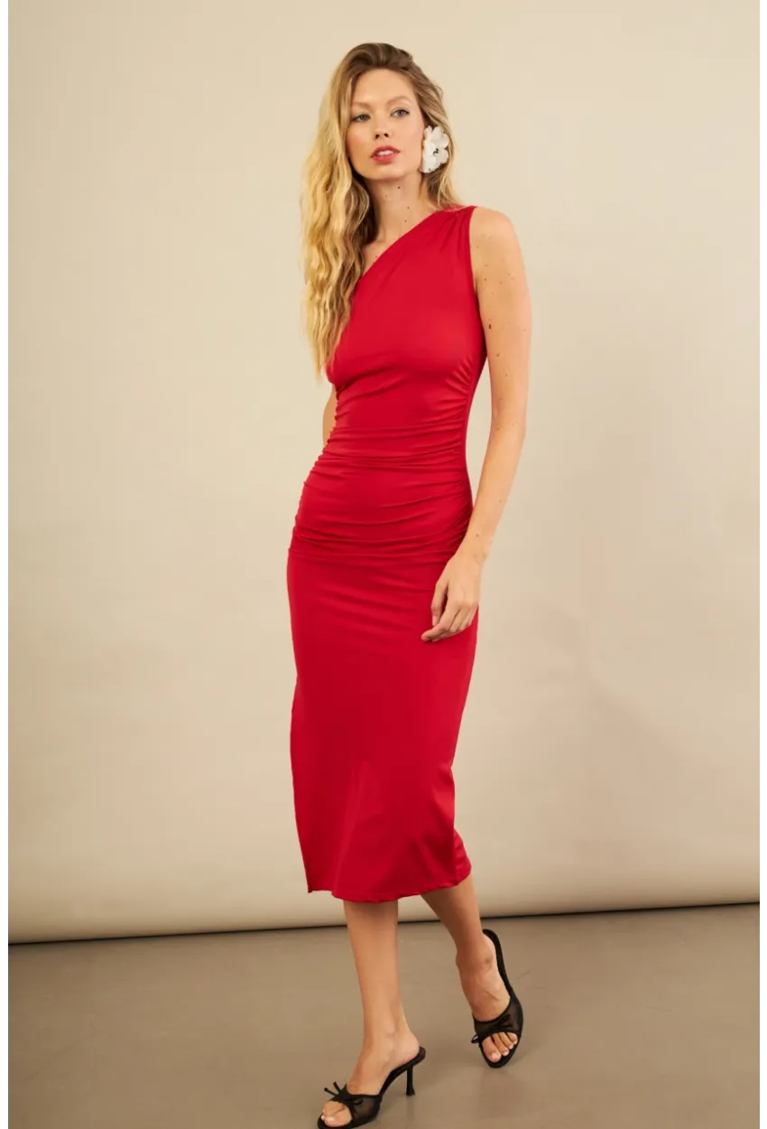 Kadın Kırmızı Büzgülü Tek Omuz Midi Elbise YEL221676