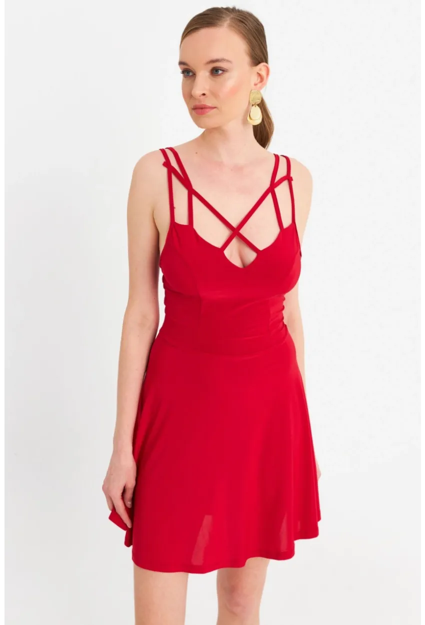 Kadın Kırmızı Çapraz Askılı Mini Elbise ELT182