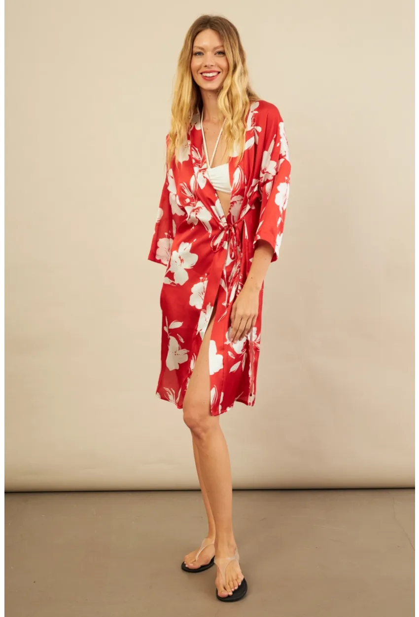 Kadın Kırmızı Desenli Kimono BTY105