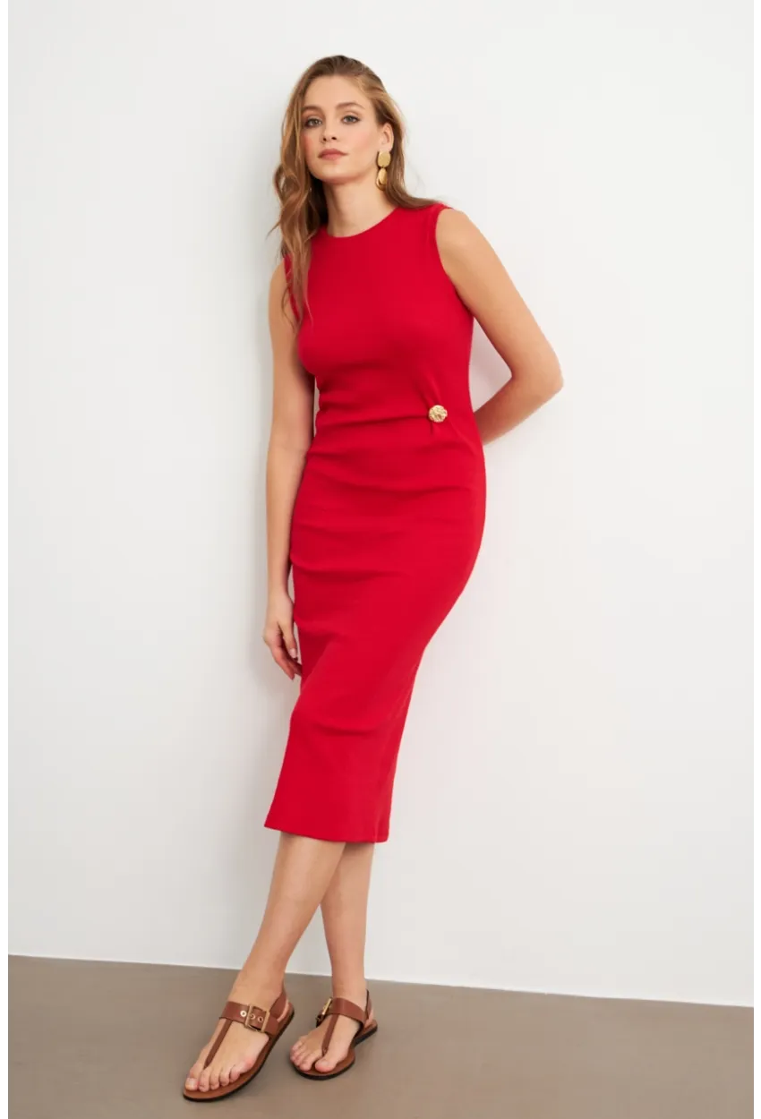 Kadın Kırmızı Düğme Detaylı Kaşkorse Midi Elbise TF74