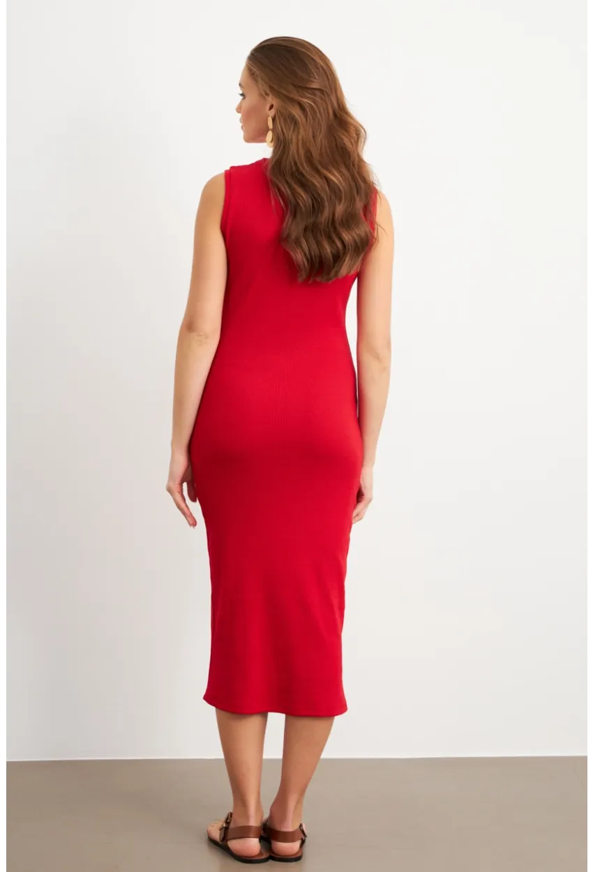 Kadın Kırmızı Düğme Detaylı Kaşkorse Midi Elbise TF74