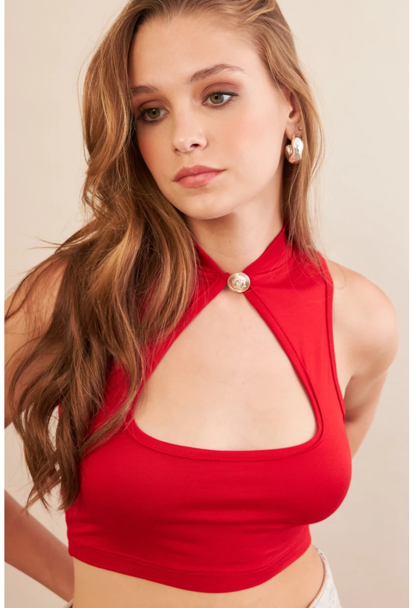 Kadın Kırmızı Düğme Detaylı Pencereli Bluz EY3110