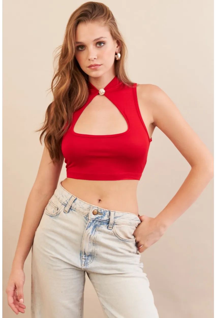 Kadın Kırmızı Düğme Detaylı Pencereli Bluz EY3110