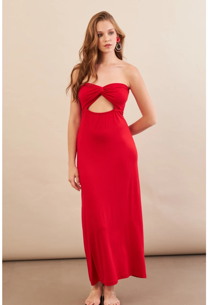 Kadın Kırmızı Düğümlü Pencereli Straplez Midi Elbise EY3109
