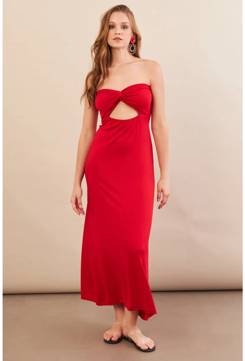 Kadın Kırmızı Düğümlü Pencereli Straplez Midi Elbise EY3109