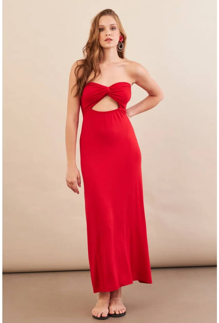 Kadın Kırmızı Düğümlü Pencereli Straplez Midi Elbise EY3109