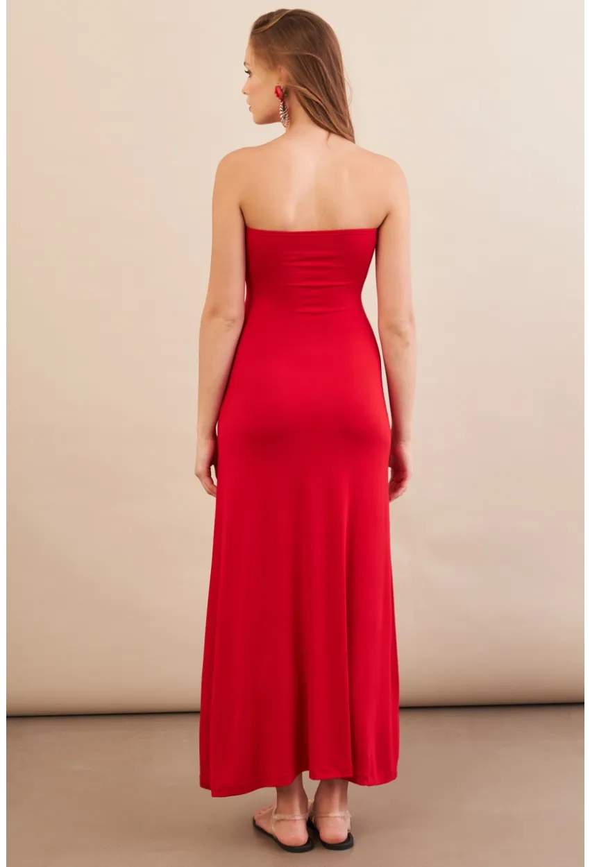Kadın Kırmızı Düğümlü Pencereli Straplez Midi Elbise EY3109