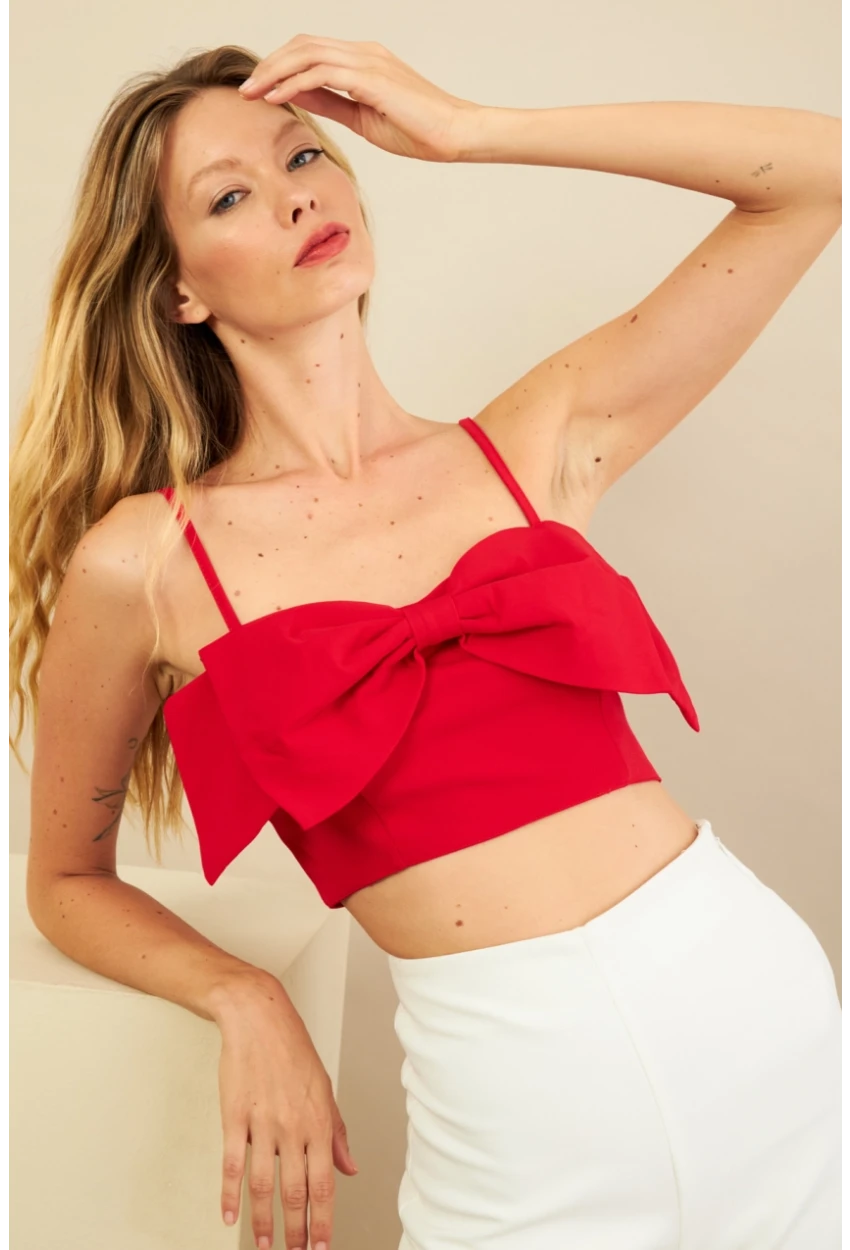 Kadın Kırmızı Fiyonklu Crop Bluz KED0089