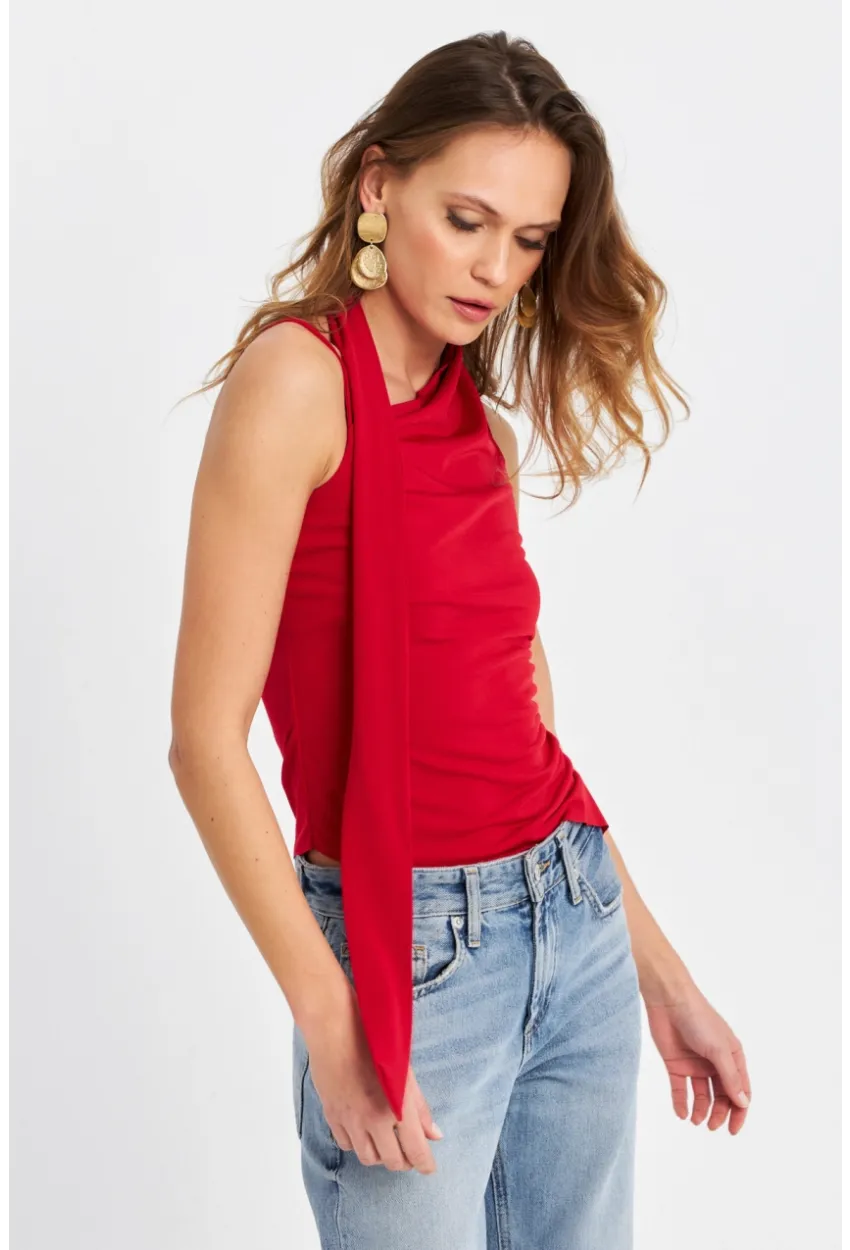 Kadın Kırmızı Fularlı Asimetrik Bluz HOR0079