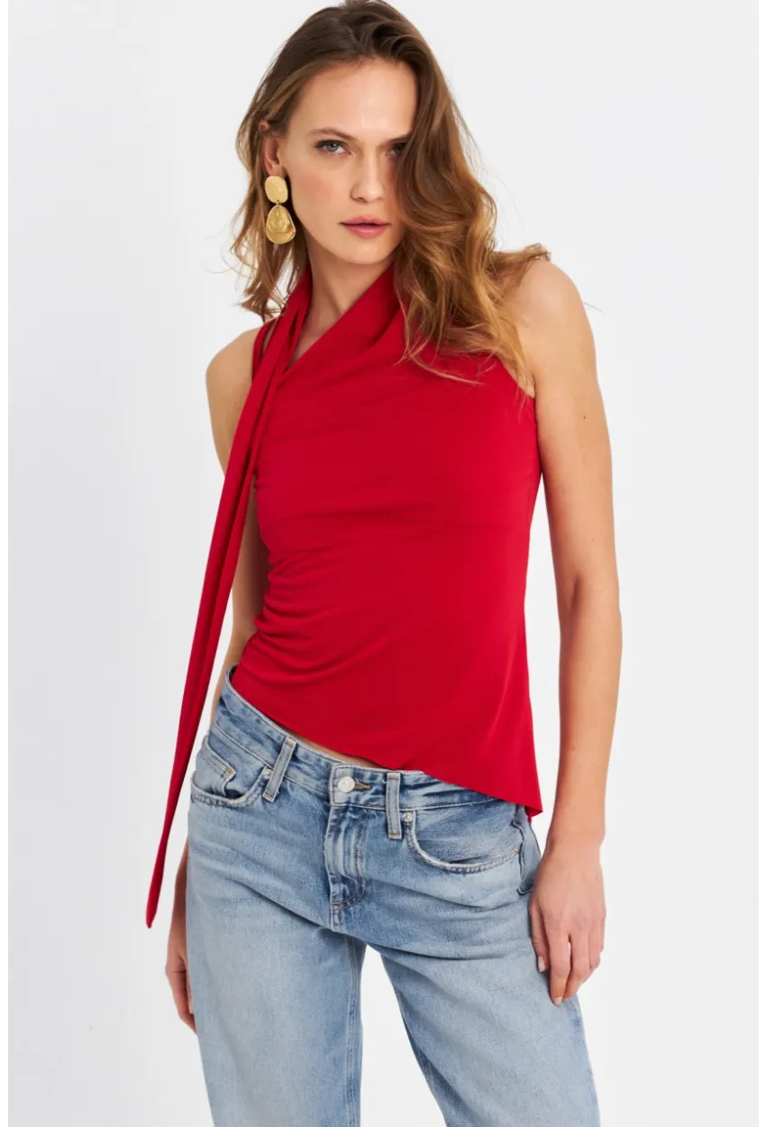 Kadın Kırmızı Fularlı Asimetrik Bluz HOR0079