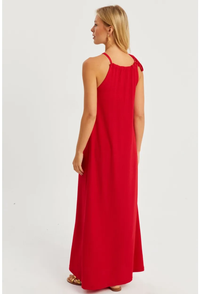 Kadın Kırmızı Halter Yaka Bürümcük Midi Elbise EY2788
