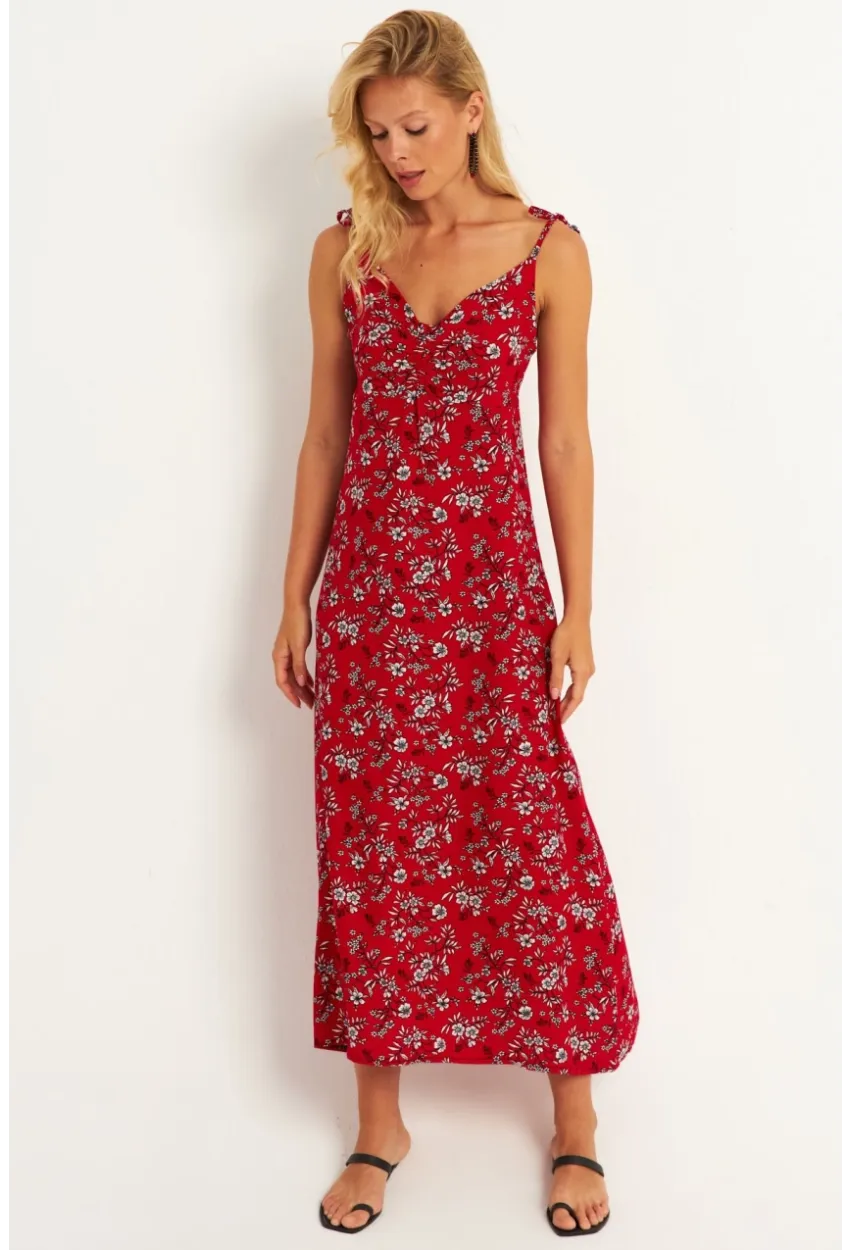 Kadın Kırmızı İp Askılı Çiçekli Midi Elbise GÇ172