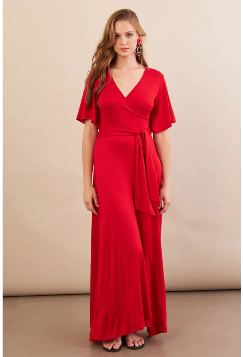 Kadın Kırmızı Kruvaze Bağlamalı Maxi Elbise EY3038