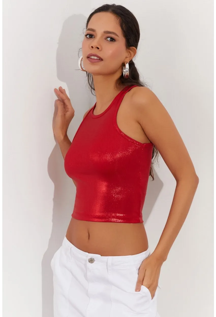 Kadın Kırmızı Metalik Crop Bluz LPP1218