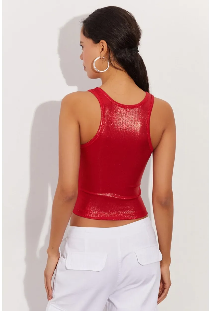 Kadın Kırmızı Metalik Crop Bluz LPP1218