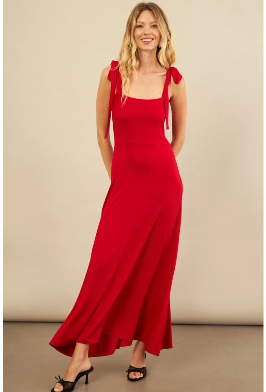 Kadın Kırmızı Omuz Fiyonklu Midi Elbise EY3119