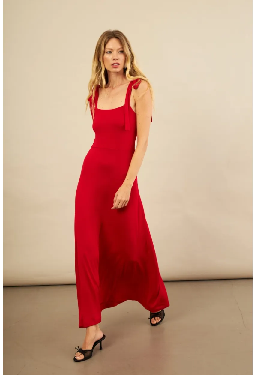 Kadın Kırmızı Omuz Fiyonklu Midi Elbise EY3119