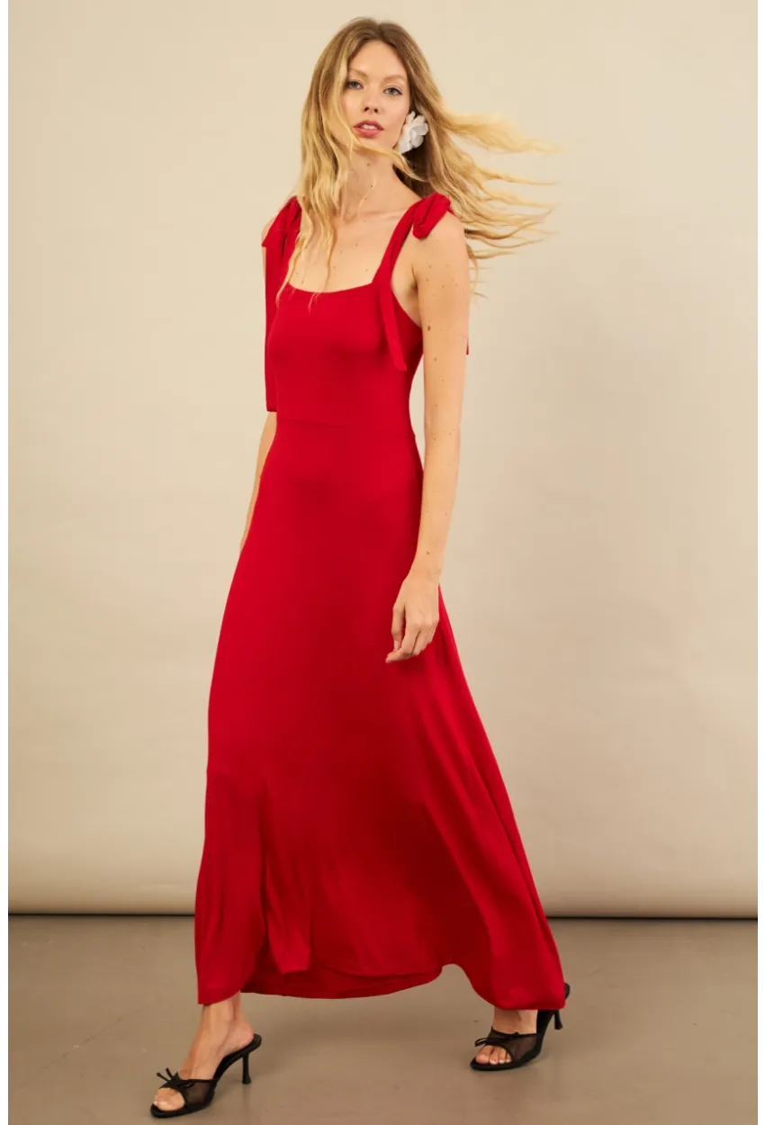 Kadın Kırmızı Omuz Fiyonklu Midi Elbise EY3119