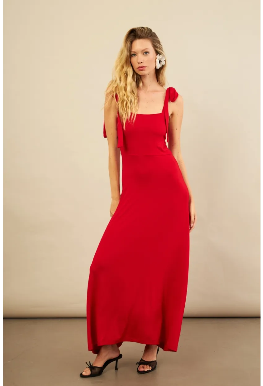 Kadın Kırmızı Omuz Fiyonklu Midi Elbise EY3119