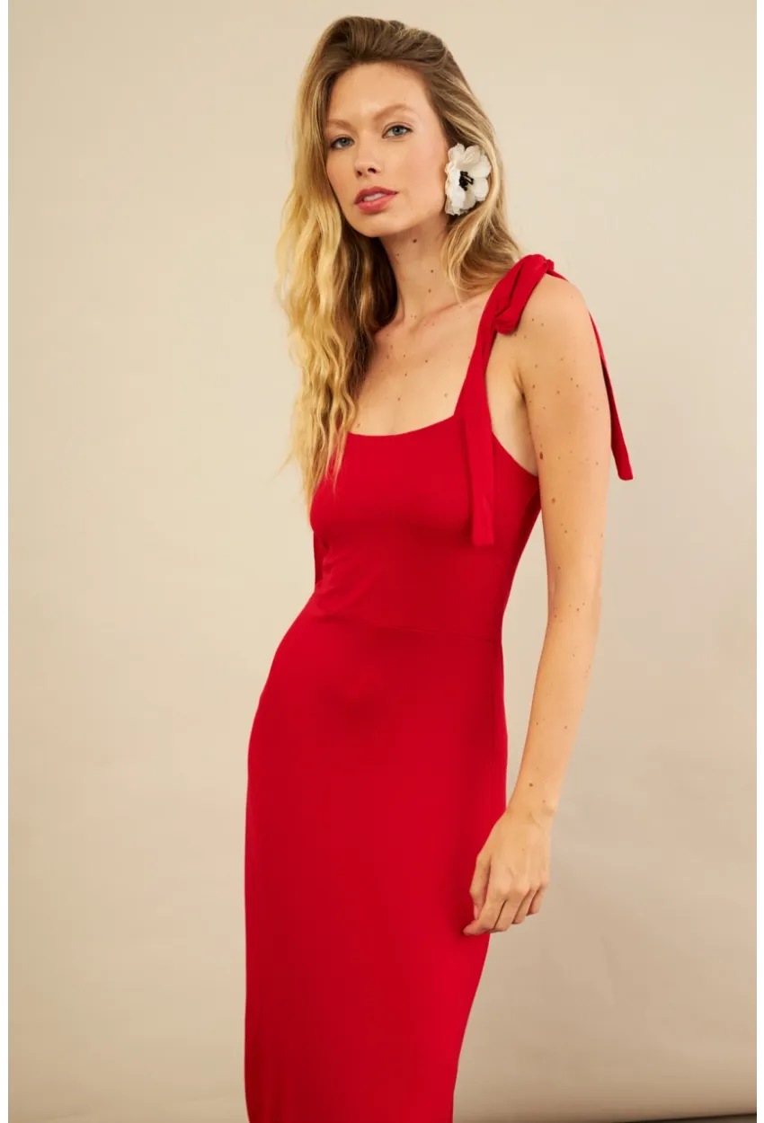 Kadın Kırmızı Omuz Fiyonklu Midi Elbise EY3119