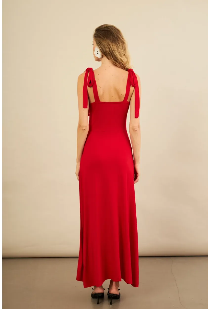 Kadın Kırmızı Omuz Fiyonklu Midi Elbise EY3119