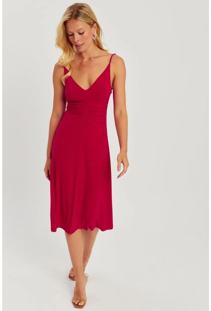Kadın Kırmızı Önü Büzgülü Midi Elbise HO046