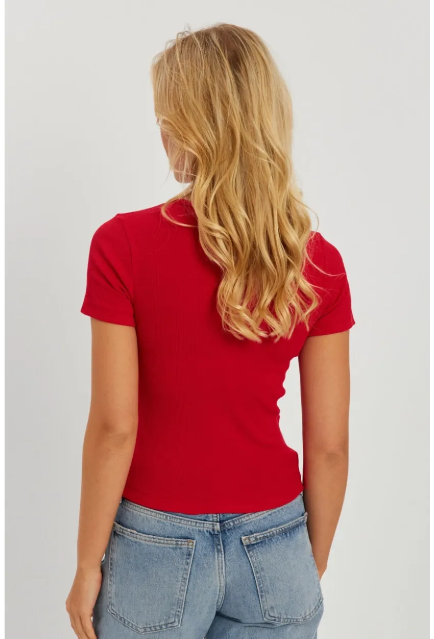Kadın Kırmızı Önü Büzgülü V Yaka Bluz AYD309