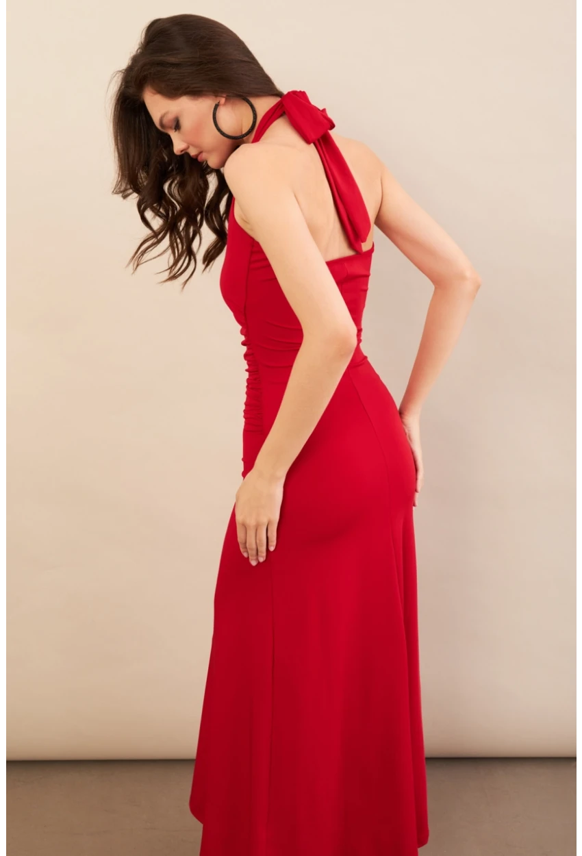 Kadın Kırmızı Sırtı Açık Boyun Bağlamalı Maxi Elbise DCF061