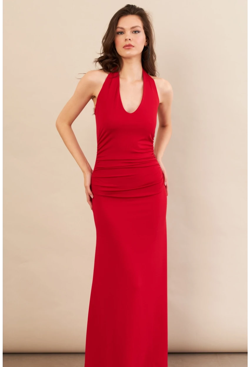 Kadın Kırmızı Sırtı Açık Boyun Bağlamalı Maxi Elbise DCF061