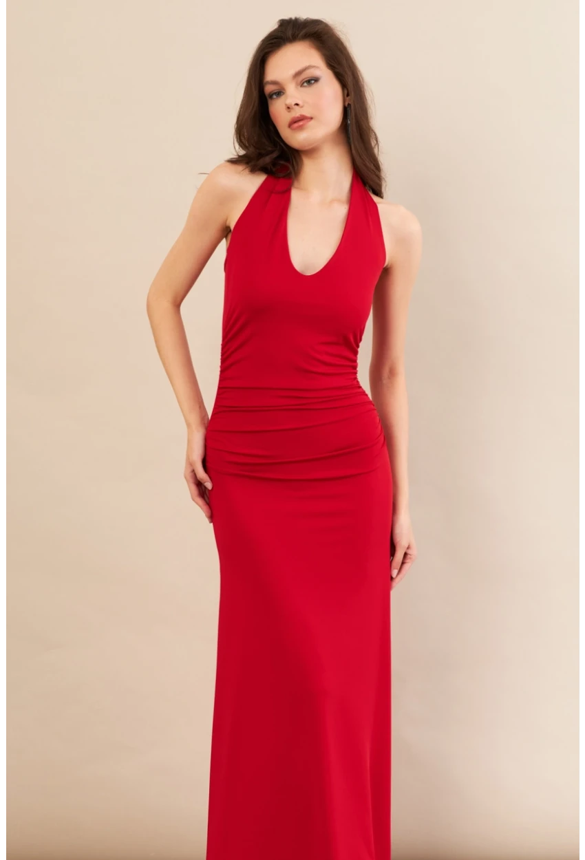 Kadın Kırmızı Sırtı Açık Boyun Bağlamalı Maxi Elbise DCF061