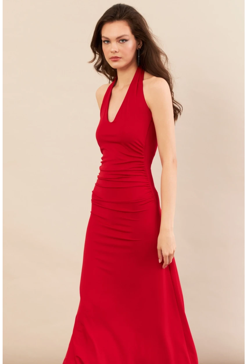 Kadın Kırmızı Sırtı Açık Boyun Bağlamalı Maxi Elbise DCF061