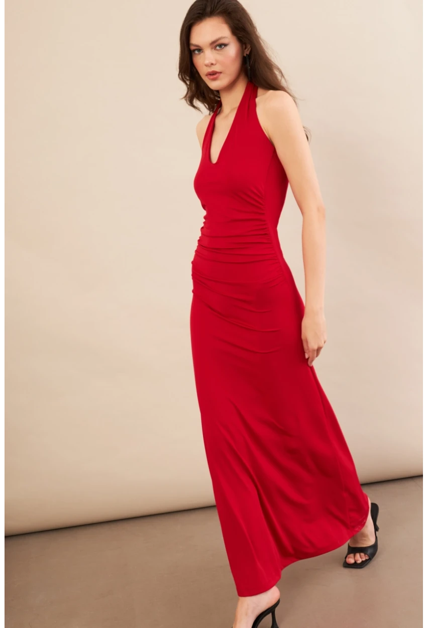 Kadın Kırmızı Sırtı Açık Boyun Bağlamalı Maxi Elbise DCF061