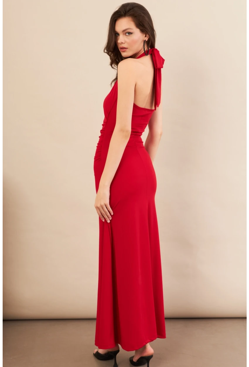 Kadın Kırmızı Sırtı Açık Boyun Bağlamalı Maxi Elbise DCF061