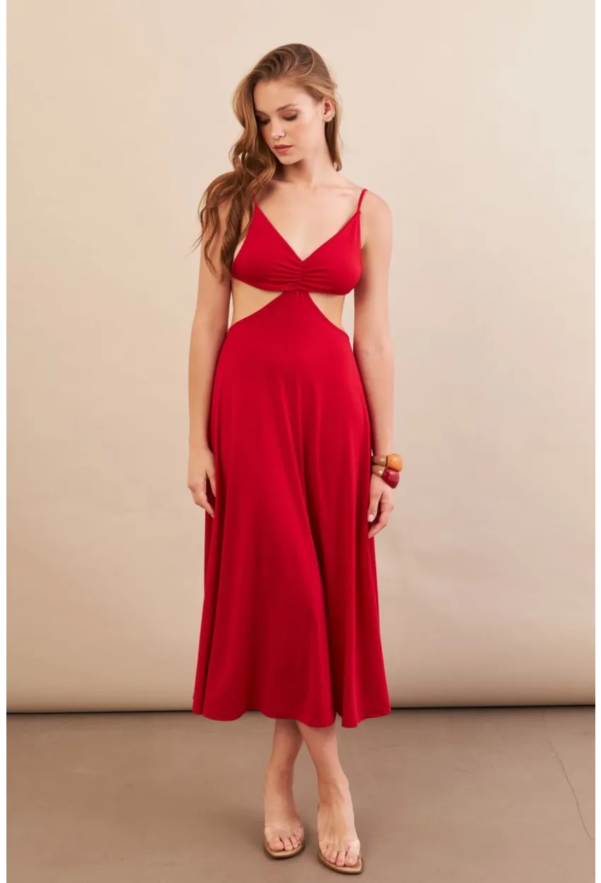 Kadın Kırmızı Sırtı Açık Halter Yaka Midi Elbise AN7036