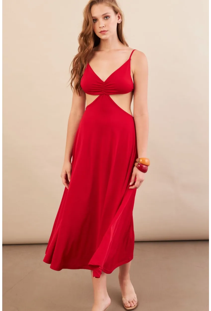 Kadın Kırmızı Sırtı Açık Halter Yaka Midi Elbise AN7036