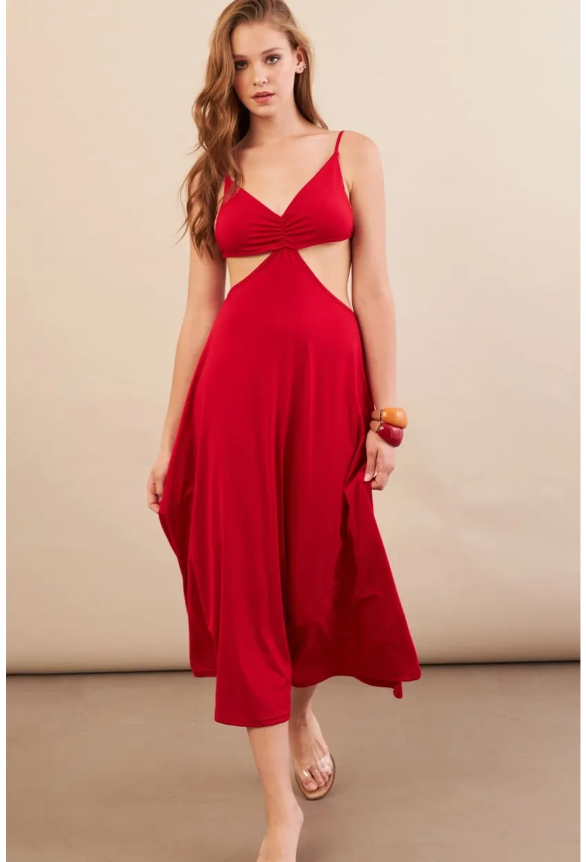 Kadın Kırmızı Sırtı Açık Halter Yaka Midi Elbise AN7036